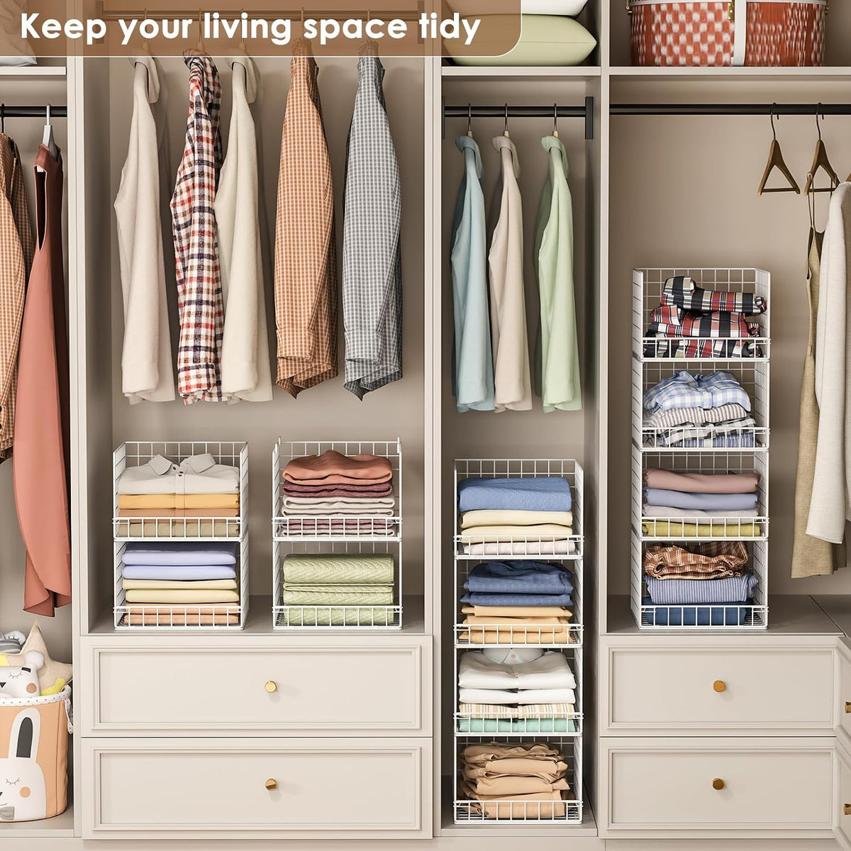 4-Tier Stackable Closet Organizers and Storage Baskets, Closet Shelf Organizer, Space-Saving Clothes Storage Drawer, Foldable Clothes Storage Bins for Closet Organizer System, White(Patent 30022416)