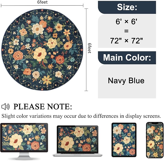 DUKINO Floral Round Rug, 6ft Washable Circle Rug, Non Slip Indoor Low Pile