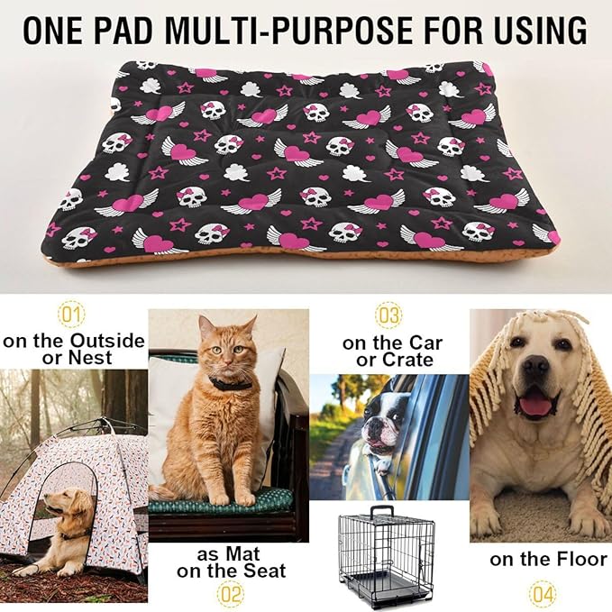 Pet Bed Skull Wings Heart Dog Bed Mat Absorbing Non Slip Pad Pet Sleeping Mat for Small, Medium, and Large Dogs Puppy Cat 36 in x 24 in