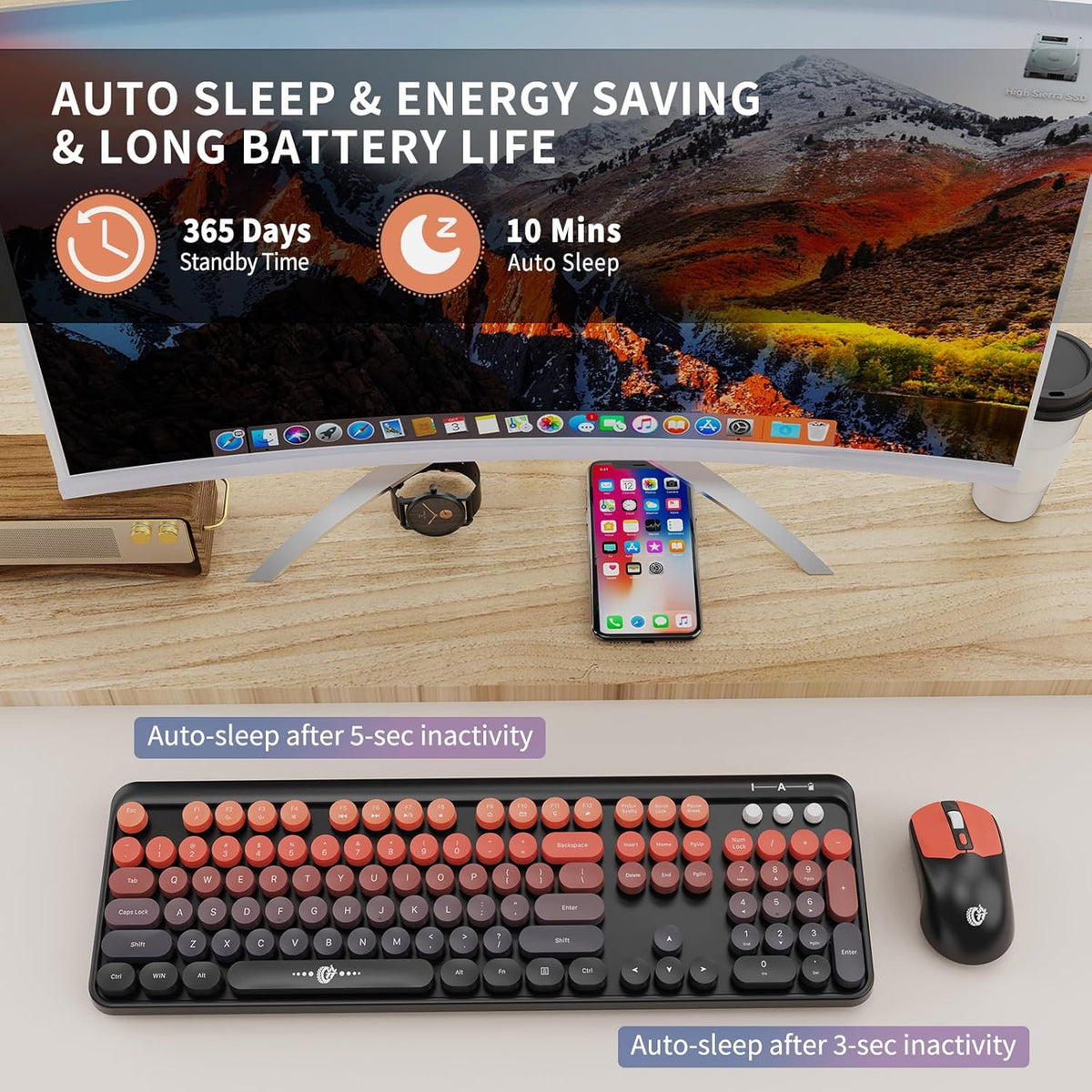 Wireless Keyboard and Mouse Combo, 2.4 GHz Wireless Full-Sized Typewriter Keyboard with Round Keycaps for Windows, Computer, Desktop, PC, Laptop (BlackOrange)