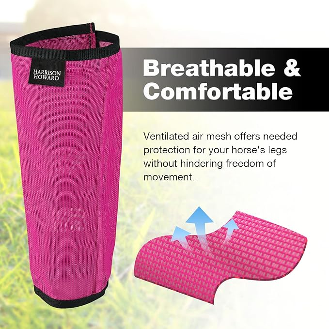 Harrison Howard Loose Fitting Fly Boots UV-Protective Extra Tough Mesh Ventilated Four Fasteners Stay-on Design Protect Horse Legs & Stomp-Reducing Set of 4 Magenta Large