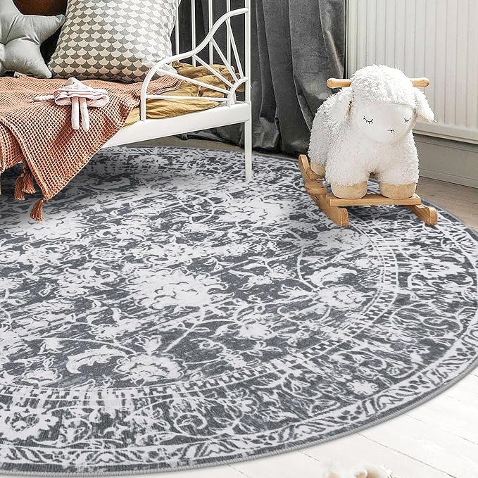 KILOCOCO Area Rug 6ft Round Living Room Rug Washable Printed Vintage Floral