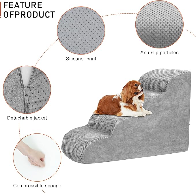 Dog Stairs for Small Dogs, High Density Foam Dog Steps, Extra Wide Non-Slip Pet Ramp for High Beds Or Couch, Soft Doggie Ladder for Dogs Injured, Older Pets, Small Cats (Fleece-Gray, 4 Steps)