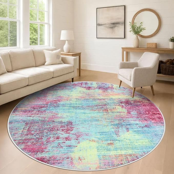 IOHOUZE Abstract Round Area Rug 8 Ft Washable Circle Rugs Large Round Rug Non