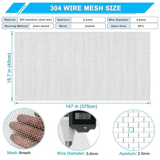 Stainless Steel Mesh Screen 8Mesh 304, 15.7" x 147" Metal Mesh Screen, Rust