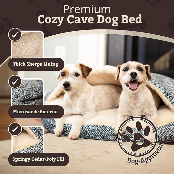 Snoozer Cozy Cave Dog Bed - Indoor Dog Bed with Cover Cave, Covered Calming Burrow for Small Sized Pets with Blanket Attached, Enclosed, Removable Washable Cover - Small, Palmer Indigo