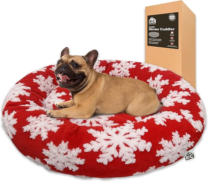 Round Couch Dog Bed for Pets (Snowflake Christmas Edition) Shredded Memory Foam Fill Base with Supportive Rounded Bolsters – Holiday Red/White (30 x 30 inch - Medium)
