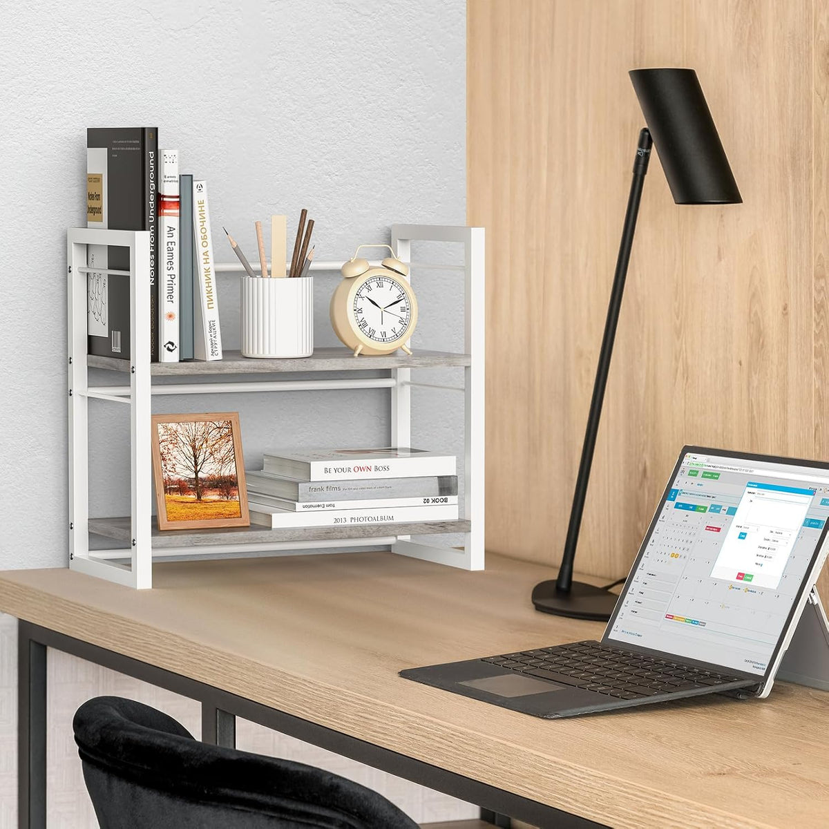 Office Desk Shelf Organizer, Wood Desktop Bookshelf Supplies Storage Rack, Shelf for Top of Desk and Dresser (Grey-2 Tier)