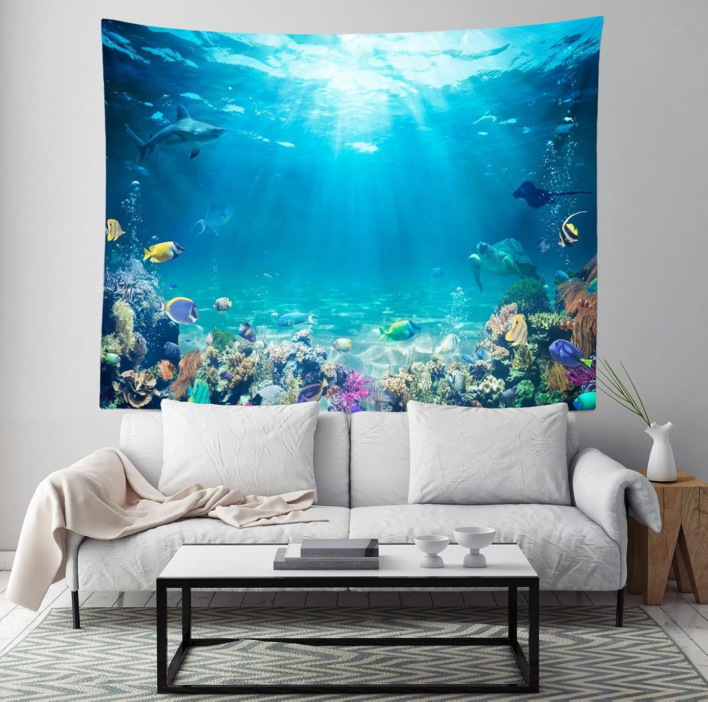 Loccor Underwater World Tapestry Blue Ocean Wall Hanging Under the Sea Coral Reef Wall Tapestry 140x118 Inches Tropical Fish Tank Undersea Tapestries Marine Wall Art for Bedroom Living Room Dorm Decor