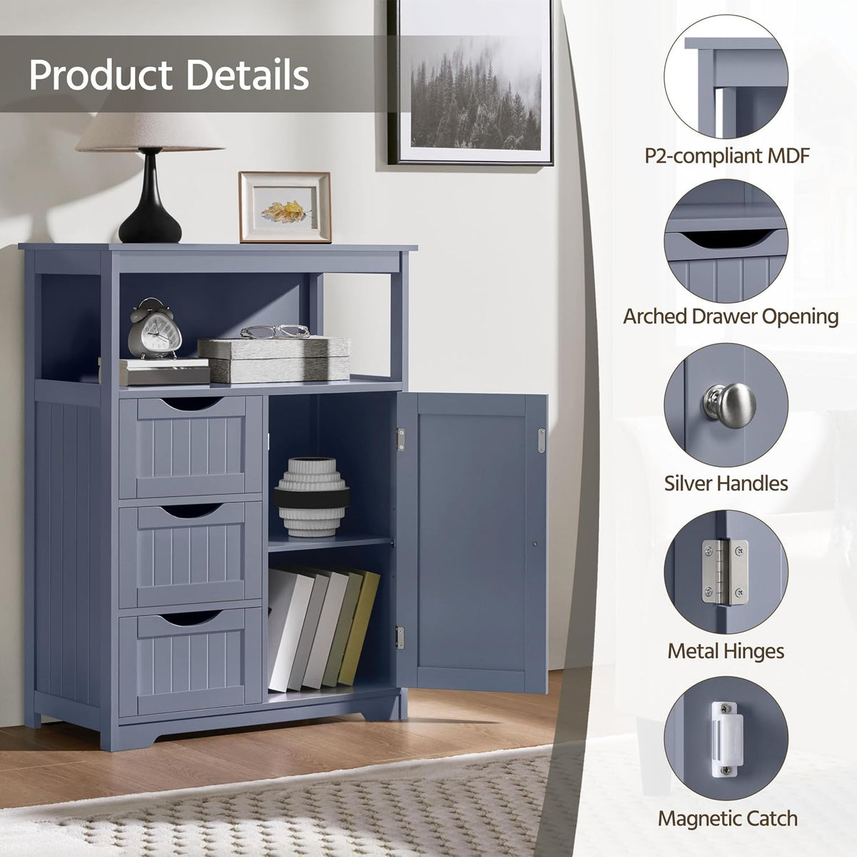 Yaheetech Large Freestanding Bathroom Storage Cabinet with 3 Drawers, Gray