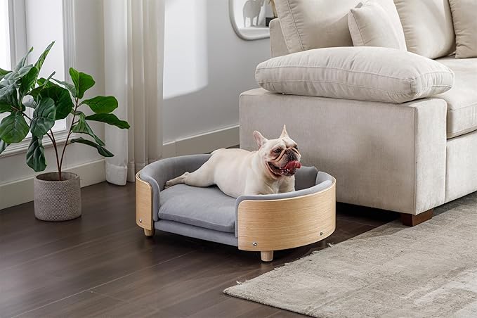 Dog Crate Furniture Elevated Dog Bed with Solid Wood Legs and Bent Wood Back, Mid Size Pet Sofa Kennel Indoor Cage House for Medium Dogs,LIGHTGREY