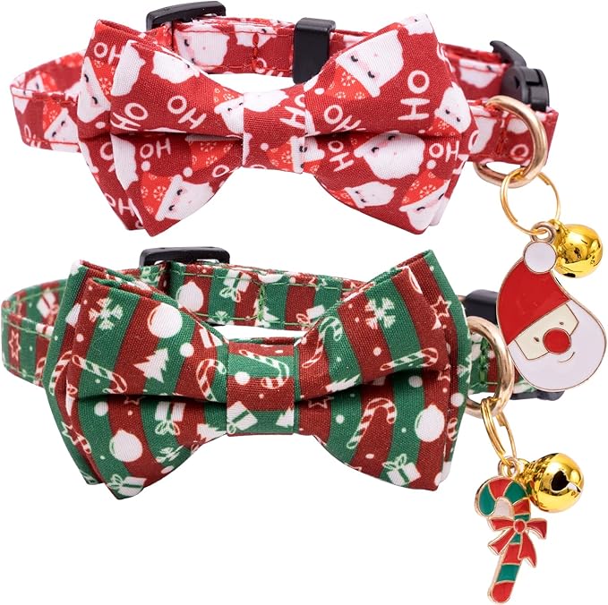 Faygarsle 2 Pack Christmas Cat Collars - Cute Holiday Collars with Bow Tie, Breakaway, Red & Green, Winter, for Boy & Girl Cats