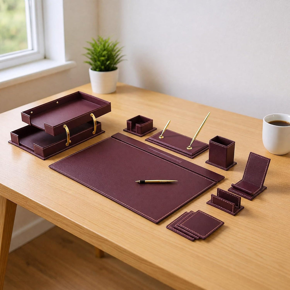 MOOGCO 12-Piece Leather Desk Set — Desk Pad 23.2" x 15.4", Double Document Tray, Pen Holder — Desk Organizer Set for Home Office & Executive Desk Accessories