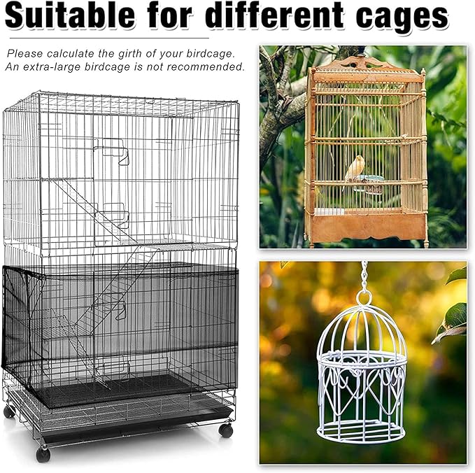 Shappy 2 Pieces Adjustable Bird Cage Seed Catcher Birdcage Cover Nylon Mesh Netting Soft Skirt Guard for Parrot Parakeet Macaw Round Square Cage(118 x 14.6 Inch,Black)
