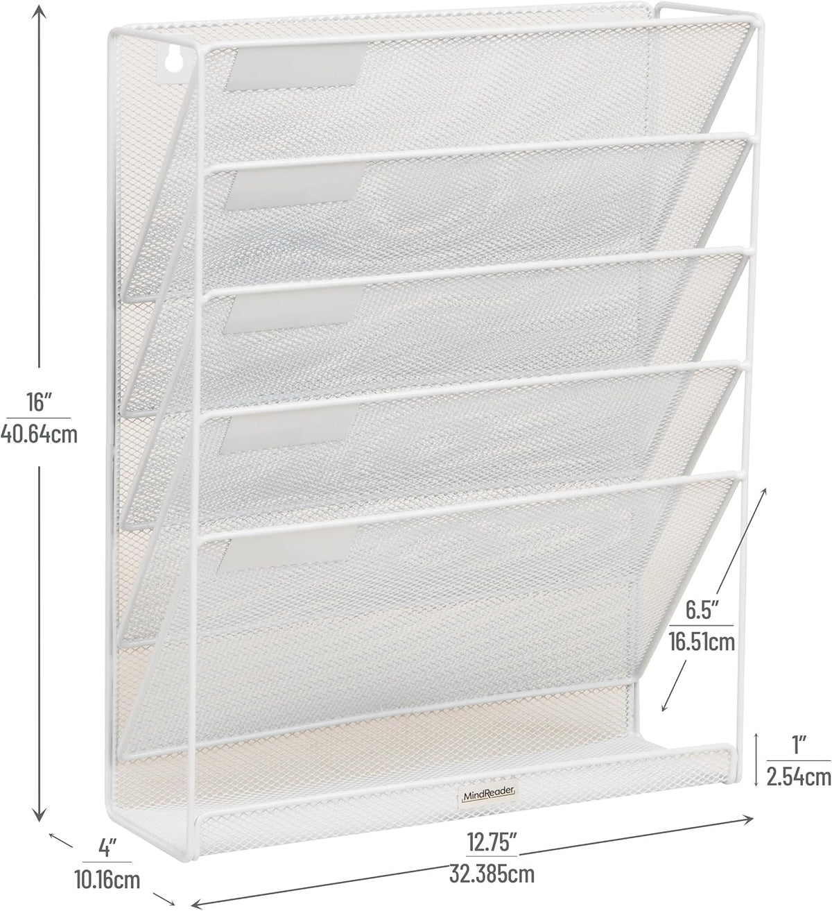 Mind Reader 5-Pocket Vertical File Storage, Desktop Organizer, Wall Mount, Office, Metal Mesh,White