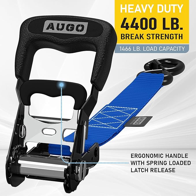 AUGO Heavy Duty Ratchet Straps & Soft Loops – Pack of 4 Extra Strong 1.5” by 10’ Ratchet Straps w/S-Hook Safety Latches & 4 Soft Loop Tie Downs – 4400Lb Break Strength for Motorcycles, ATVs, Etc.