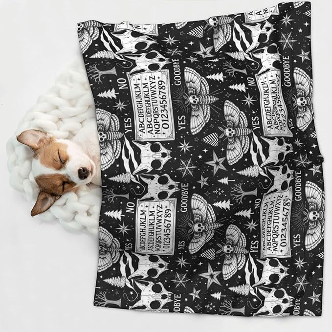 Reversible Dog Blanket for Beds Couches, Cat Skull Head Witch Board Black Gothic, Double Sided Cat Blanket with Textured Dot Feel and Smooth Feel for Seasonal Comfort All Year