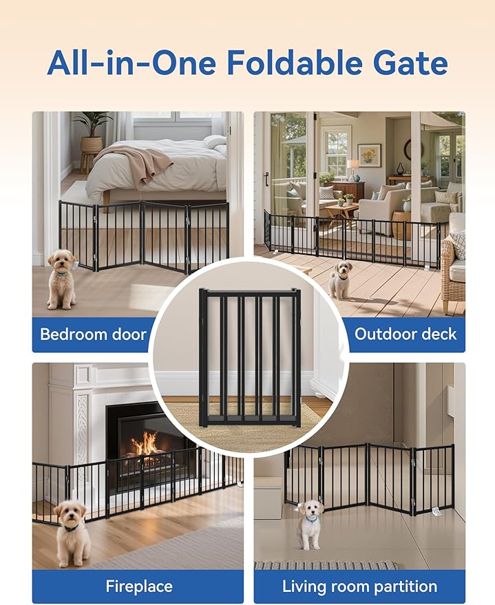 BFNN Metal Short Dog Gate, 16.5" High to Step-Over, Free Standing Foldable Pet Gate, Up to 96" Wide Puppy Fence for Stairs and Doorways, Indoor & Outdoor Use, No Drilling and No Assembly, Black
