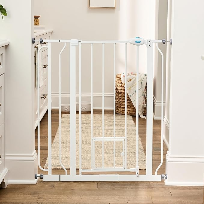 Carlson 36" Extra Tall Walk Through Dog Gate for Doorways & Bottom of Stairs, Metal Pet Gate with Small Pet Door, Expands 29.5”–36.5”, White