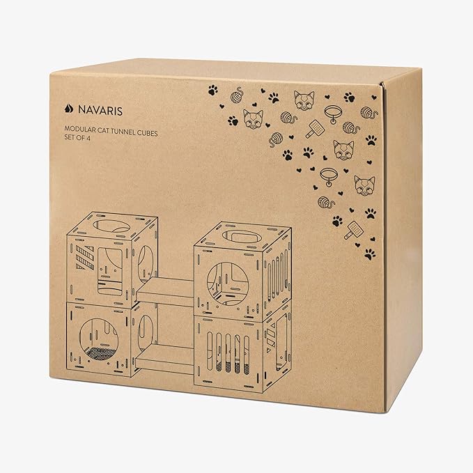 Navaris Modular Cardboard Cat House - DIY Corrugated Cardboard Configurable Play Tower Condo for Small Cats, Kittens, Rabbits - 4 Cubes with 2 Bridges