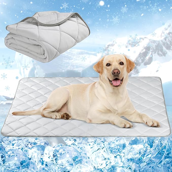 Langsprit Dog Cooling Mat, Washable Dogs Cats Pet Non-Toxic Cooling Pads Summer Sleeping Kennel Mats，Pet Self Cool Ice Blanket for Indoor & Outdoor Dog Beach Essentials Light Gray Medium