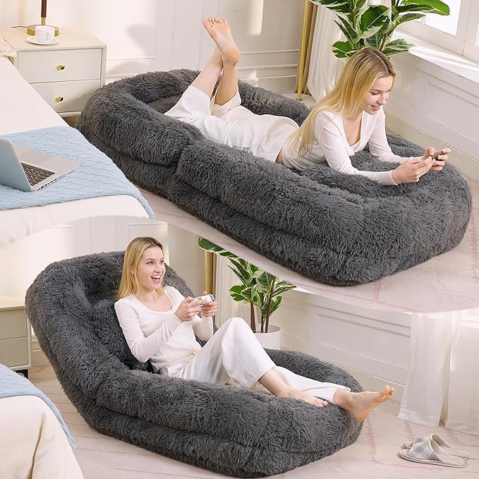 Human Dog Bed for Adult and Kids, Comfy Foldable Lazy Floor Sofa Bed with 5 Adjustable Position, Grey Upholstered Floor Bean Bag Lounger Chair for Bedroom, Living Room,Office (Dark Gray)