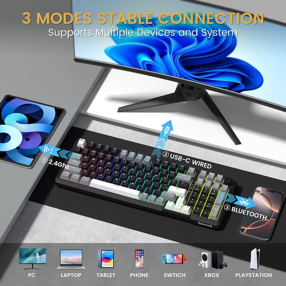 Redragon K742 Wireless Mechanical Gaming Keyboard with Knob for PC Computer