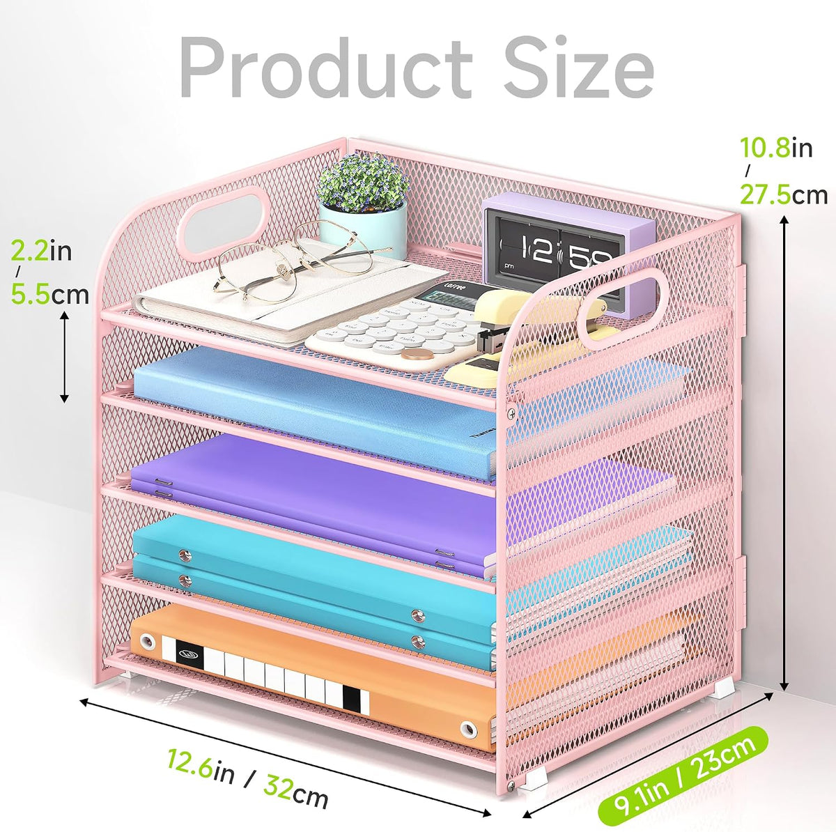 Cawukege 2 Pack 5 Tier Paper Organizer, Letter Tray with Handle, Mesh Desk Organizer, Metal File Organizer, Office Desk Accessories for Home, Office, Classroom, School (Pink, 2)