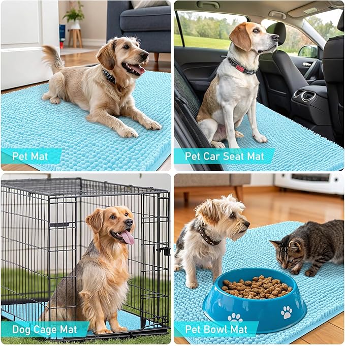 OLANLY Dog Door Mat for Muddy Paws 47x20, Absorbs Moisture and Dirt, Absorbent Non-Slip Washable Doormat, Quick Dry Chenille Mud Mat for Dogs, Entry Indoor Entryway Carpet for Inside Floor, Blue
