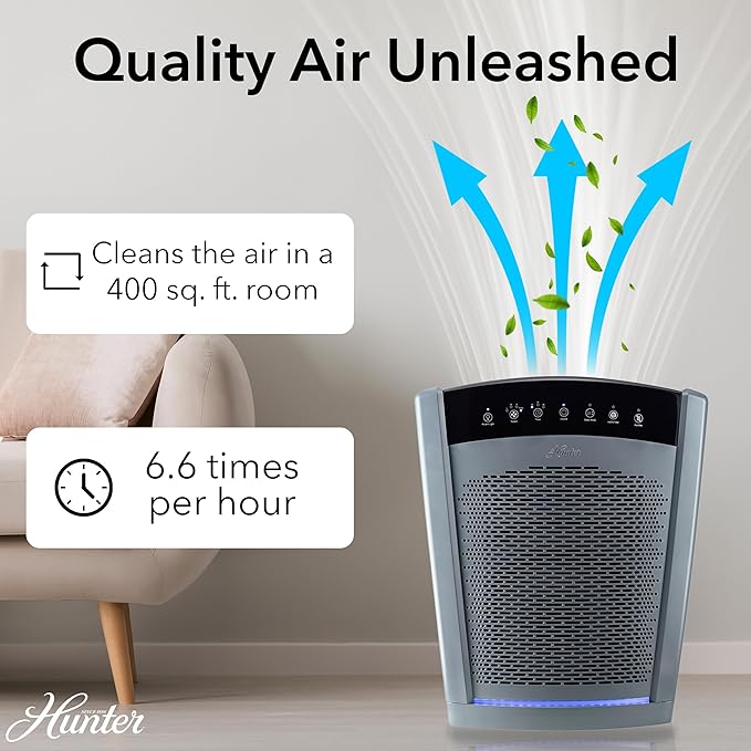 Hunter HP800 Air Purifiers for Home Large Room and Bedroom. True HEPA Air Purifier for Pets, Odors, Allergens, Smoke, Dust, VOC's. Value Bundle w/Extra Filter. Cleans 2585 Ft² per hour. Graphite