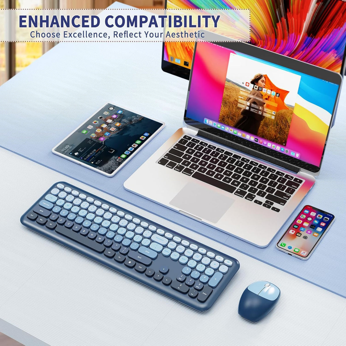 HotFox Blue Wireless Keyboard and Mouse Combo, Retro Typewriter Keyboard