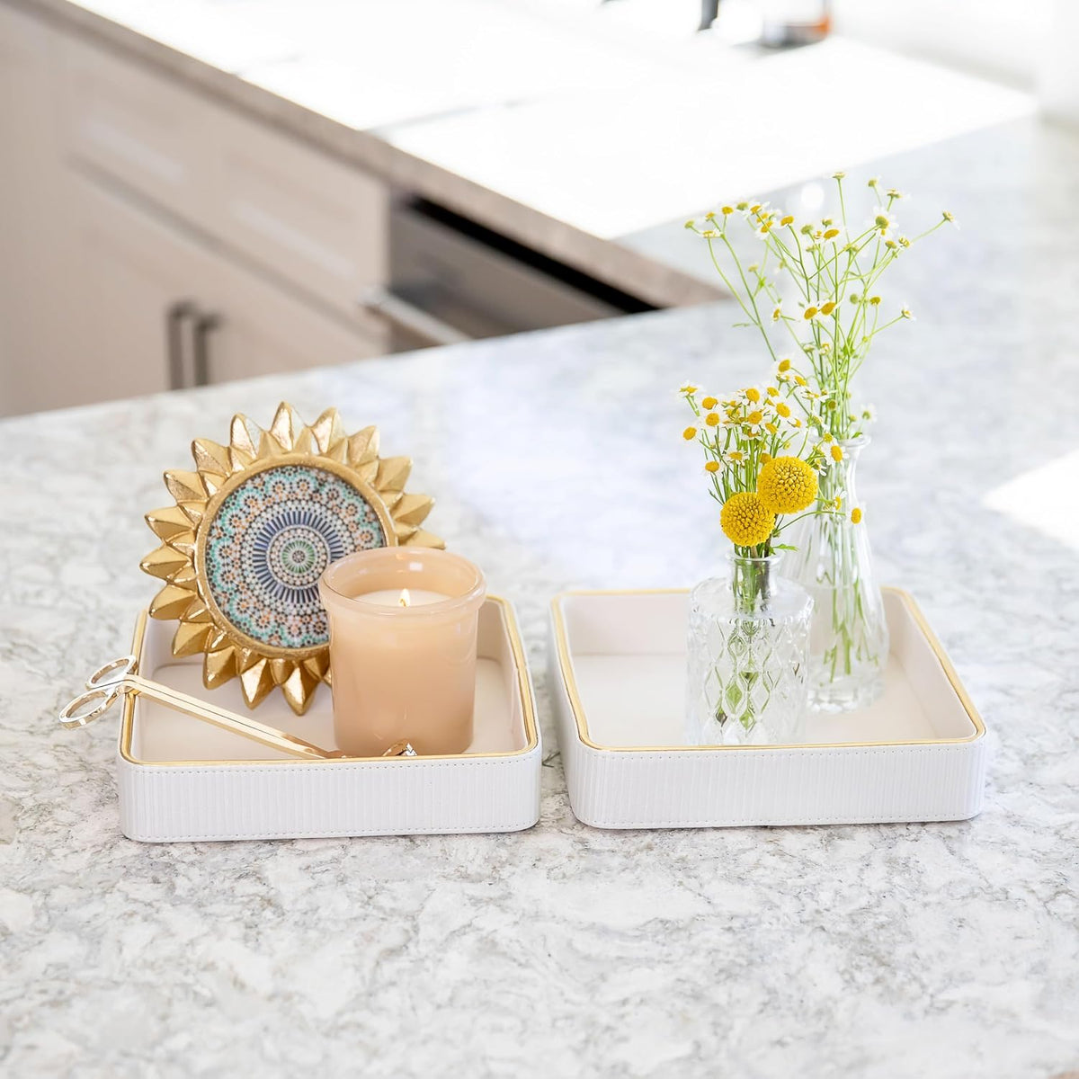 2 Pack White Catch All Trays for Jewelry| Small Leather Valet Tray| Key Bowl for Entryway Table EDC Trinket Tray CatchAll| Perfume Trays for Dresser Organizer Perfume Holder (Set of 2)
