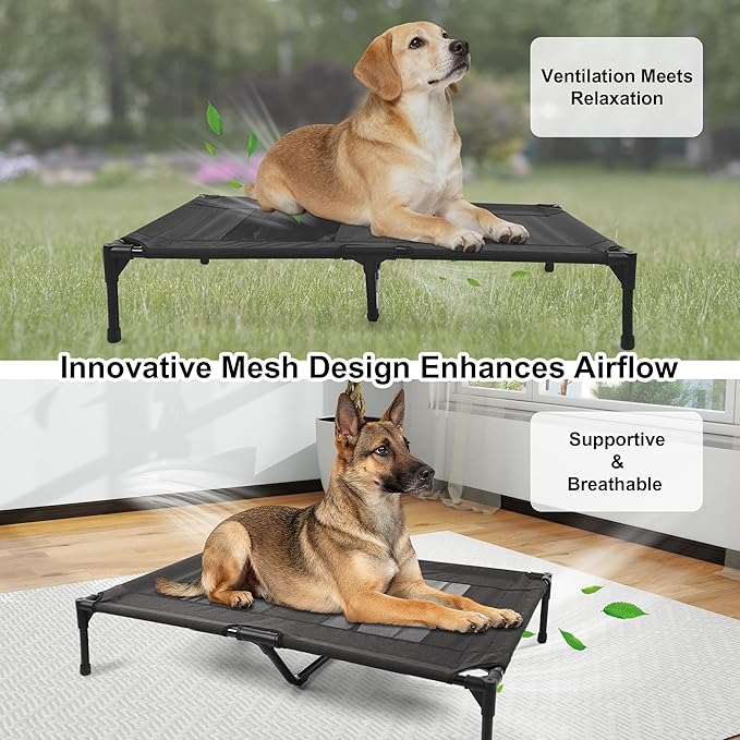 Raised Dog Bed Cooling Cot for Indoor Outdoor Use Portable Waterproof Mesh Pet Bed Washable for Large Medium Small Dogs, Black