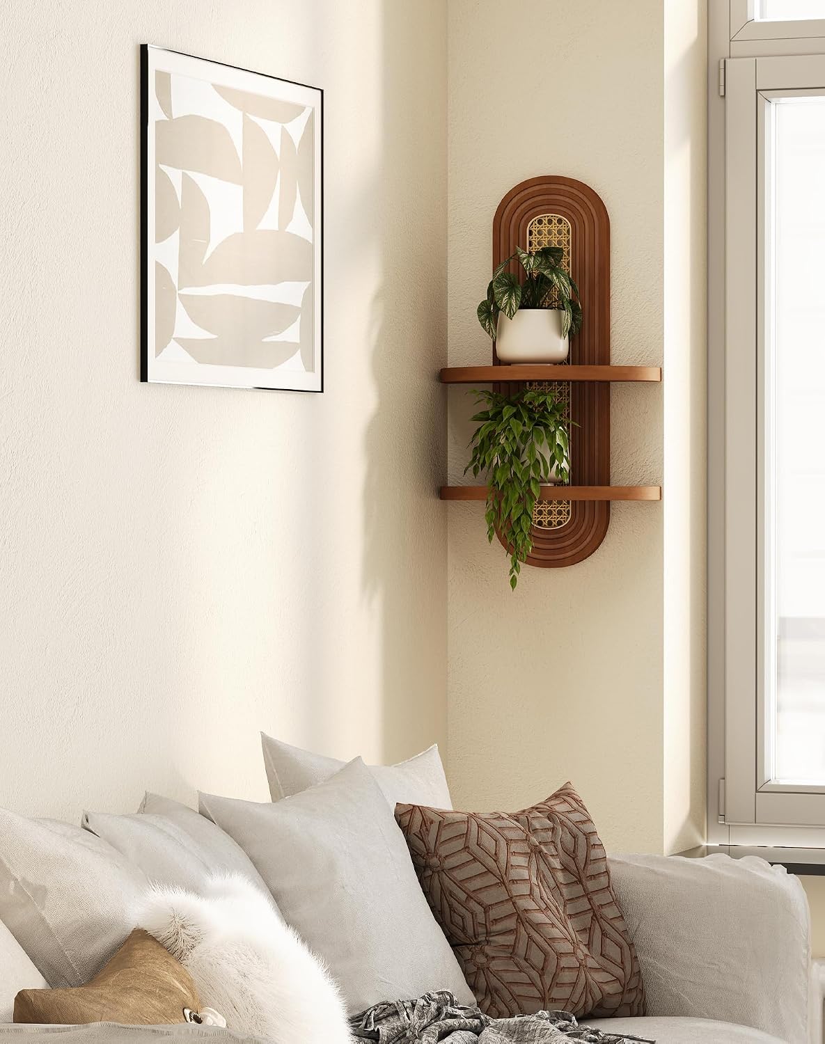 Floating Shelves for Wall,Boho Home Wall Decor,2-Tier Rattan Plant Shelf,Mid Century Hanging Small Decorative Shelf,Natural Wood Shelves for Living Room,Bedroom,House,Office,2-Pack (Walnut)