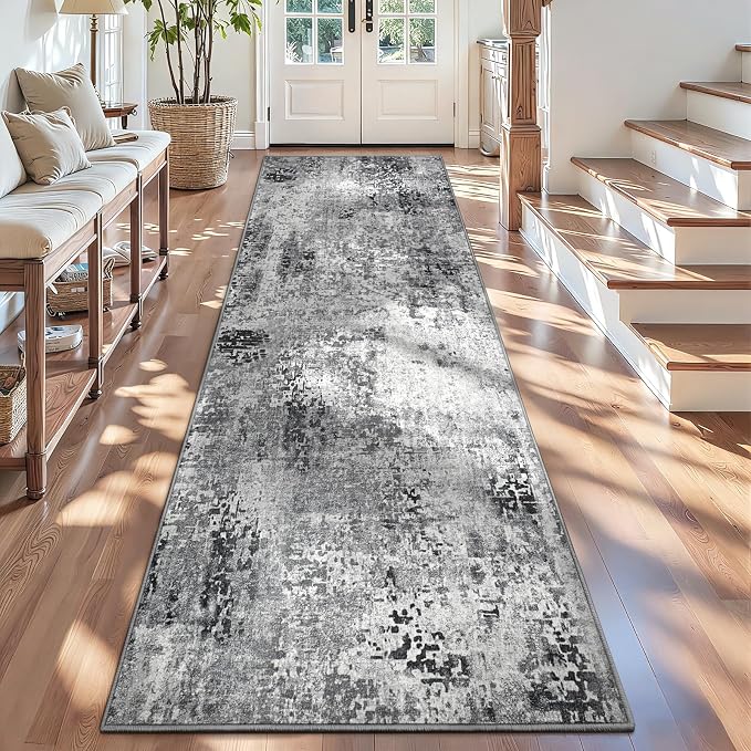 2.6x12 Grey Rug Runners for Hallways Kitchen Runner Rug Non Slip Washable Black