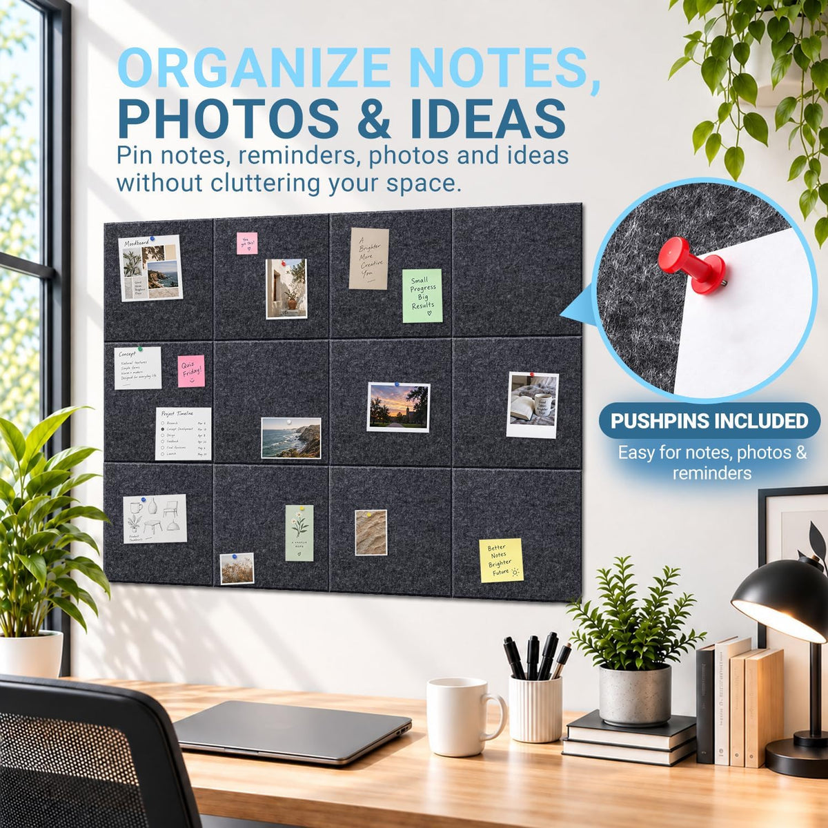 Hiksuky EcoCork Pro 48"x36" Modular Felt Wall Panels - 12 Pack Recycled Felt Tiles with Damage-Free Adhesive, Customizable Cork Board Alternative for Office & Home Decor Gray