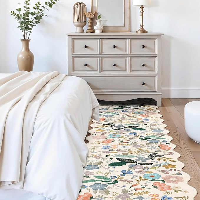 Hallway Floral 2'6x14 Runner Rugs: Washable Scalloped Soft Carpet