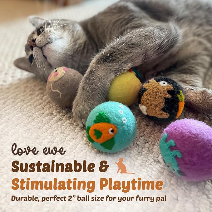 Hustle & Blush Love Ewe Felted Cat Toys 3 Pack - 2 Inch Duck & Bunny Hand Made Cute & Fun Design Kitten Wool Felt Balls for Indoor Play & Exercise - 100% New Zealand Handmade - Holiday Pet