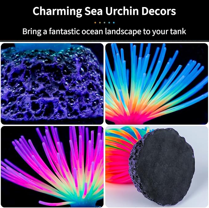 Uniclife Aquarium Imitative Rainbow and Iridescent Blue Sea Urchin Balls Artificial Silicone Ornament Set with Glowing Effect for Fish Tank Landscape Decoration