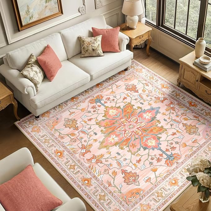 RELEANY Area Rugs Square 6ft Washable Non-Slip, Floral Vintage Distress