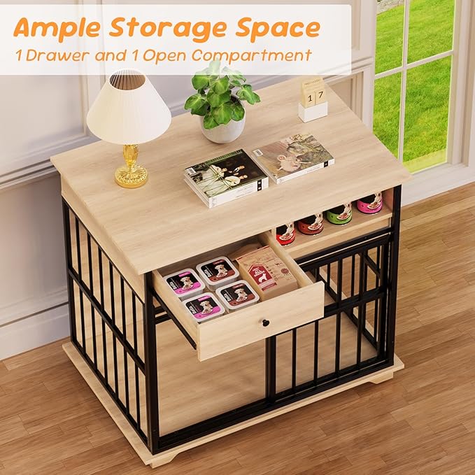 35.5" Dog Crate Furniture, Dog Kennel Indoor with Wheels for Medium Small Dogs, Wooden Dog Crate End Table with Drawer, Open Shelves and Sliding Door, Dog Kennel Furniture for Living Room, Bedroom