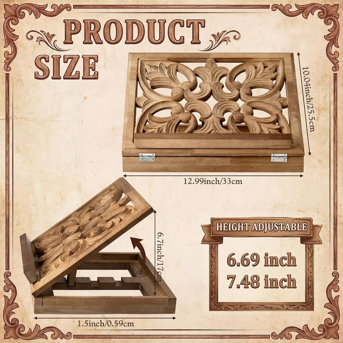 Amyhill Adjustable Wooden Bible Stand 13x10, Carved Book Holder, Classic