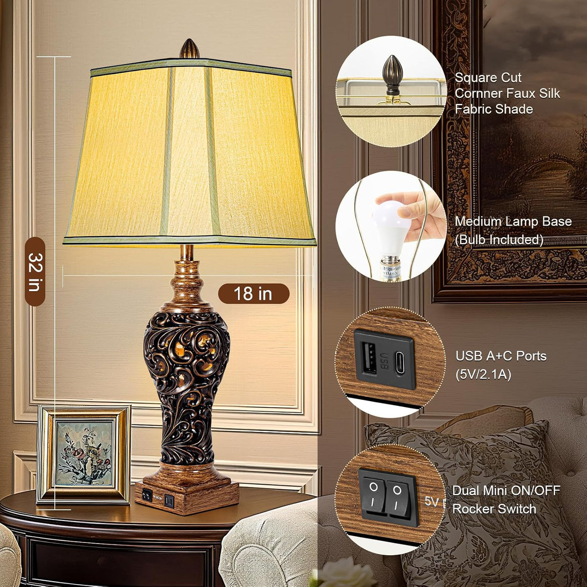 32'' Tall Rustic Vintage Table Lamps Set of 2 with Night Lights, Large Size