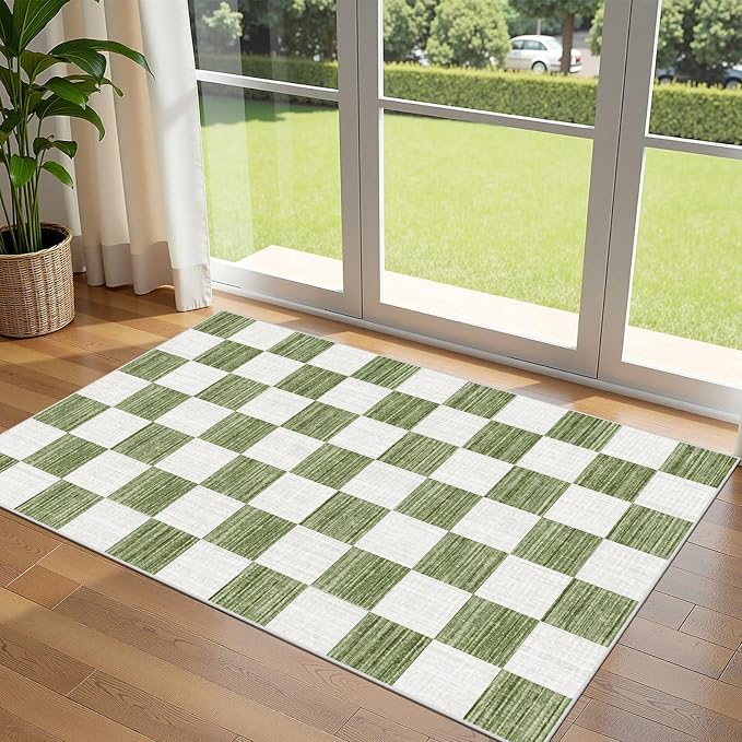 Green White Checkered Entry Rug