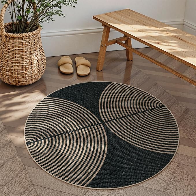 Lahome Enfys Modern Rainbow Round Rug 4ft, Circular Indoor Outdoor Kitchen Rug