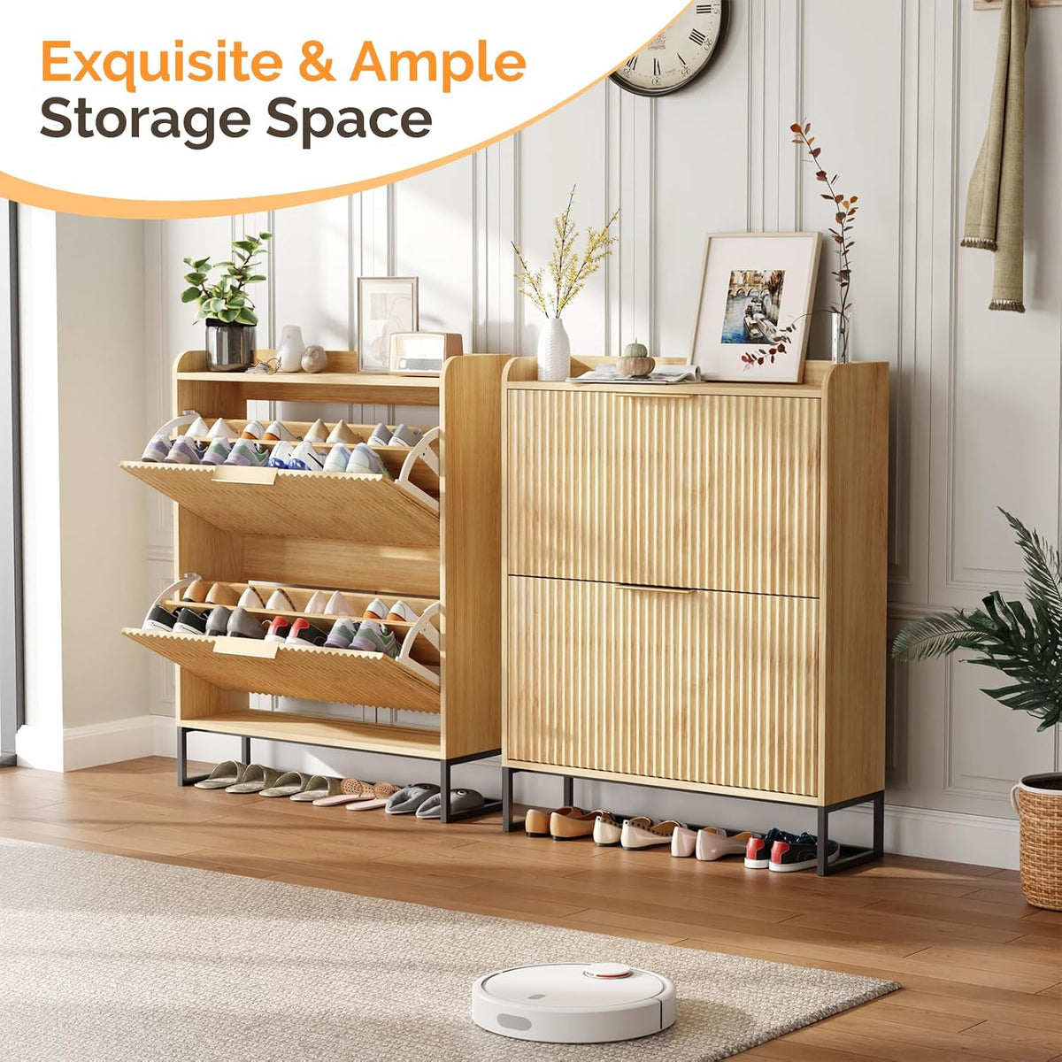 VINGLI Fluted Shoe Cabinet Storage for Entryway,Hidden Shoes Storage Cabinet with 2 Flip Drawers, Mid Century Modern Shoe Rack Organizer,Free Standing Shoes Organizer for Hallway(Natural Oak)