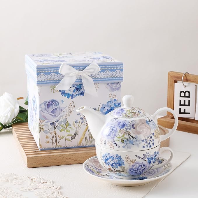 fanquare Blue and Purple Roses and Hydrangeas Porcelain Tea