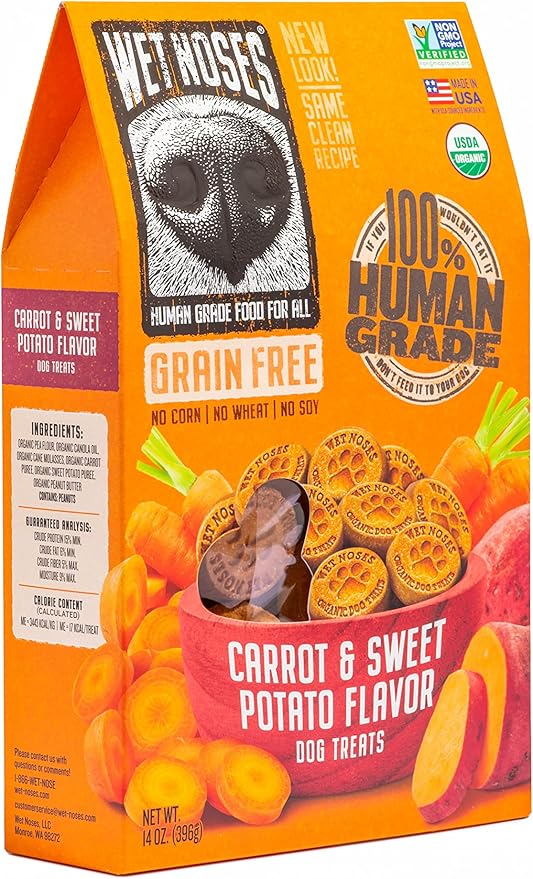 Wet Noses Organic Crunchy Dog Treats Grain Free – All-Natural, Human-Grade, Non-GMO, Healthy Training & Delicious Snacks for Dogs, All Dog Sizes & Breeds – Carrot & Sweet Potato, 14oz (Single Pack)