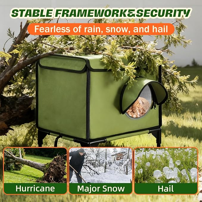 Outdoor Heated Cat House in Winter for Outside, Extremely Insulated & Weatherproof, Elevated Feral Cat Shelter with Waterproof Eaves & Escape Door for Outside Stray Barn Cat Green