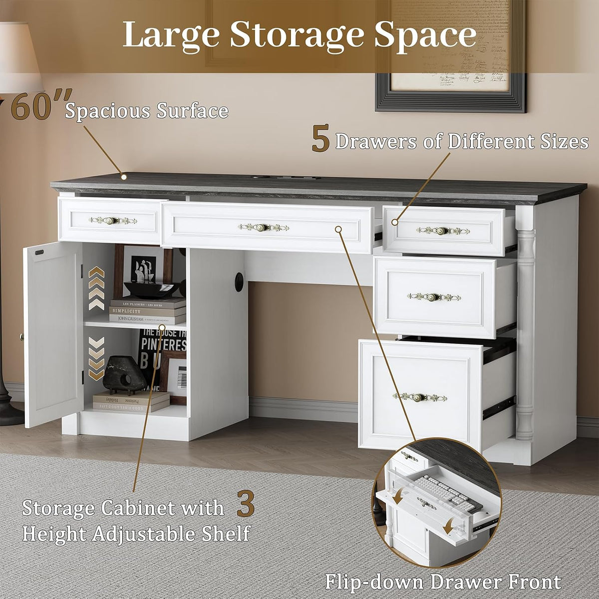 60" Farmhouse Executive Desk with Charging Station, Home Office Desk with Drawers & File Cabinet Storage, Keyboard Tray, Wood Computer Desk with Storage for Work and Study, Antique White